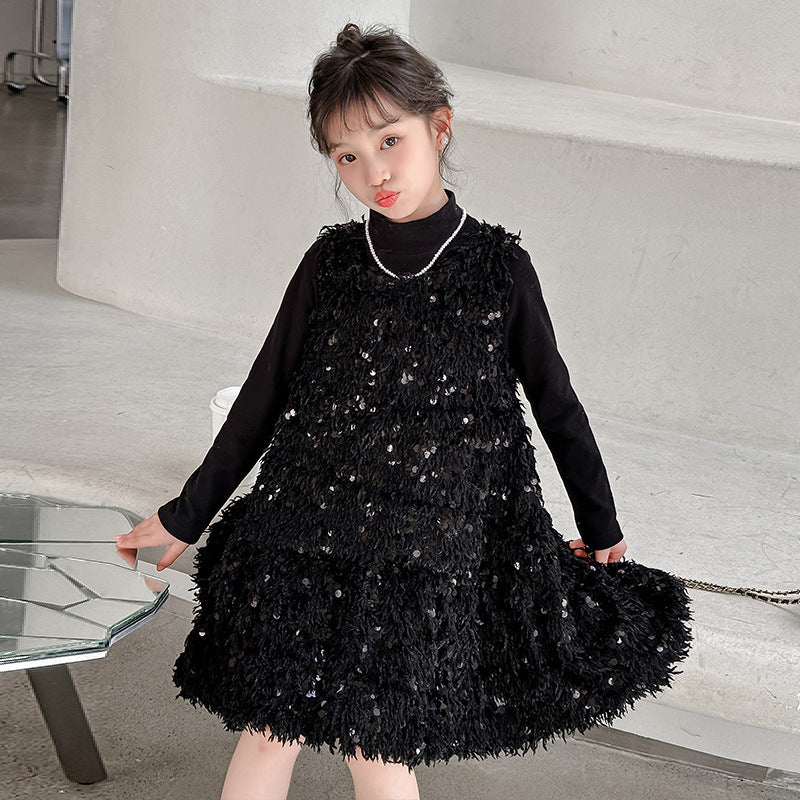 Wholesale Children's Velvet Sequin Tassel Dress